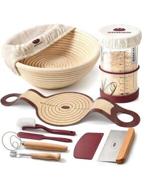 Sourdough Starter Kit with 9" Banneton Basket, Silicone Sling & Storage Jar